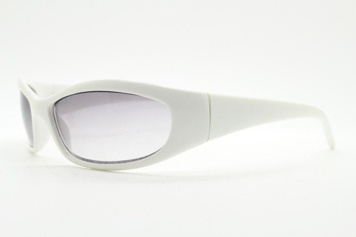 Y2k vintage wrap around bug eye sunglasses. Curving ice white shield frame with light tone lenses. Rave. Super hero cosplay 2000s NOS