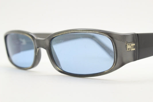 Y2K vintage rectangular shield sunglasses. Purple front, black arms blue lens combo. Visor style wrap around pearlised frame. NOS. 2000s