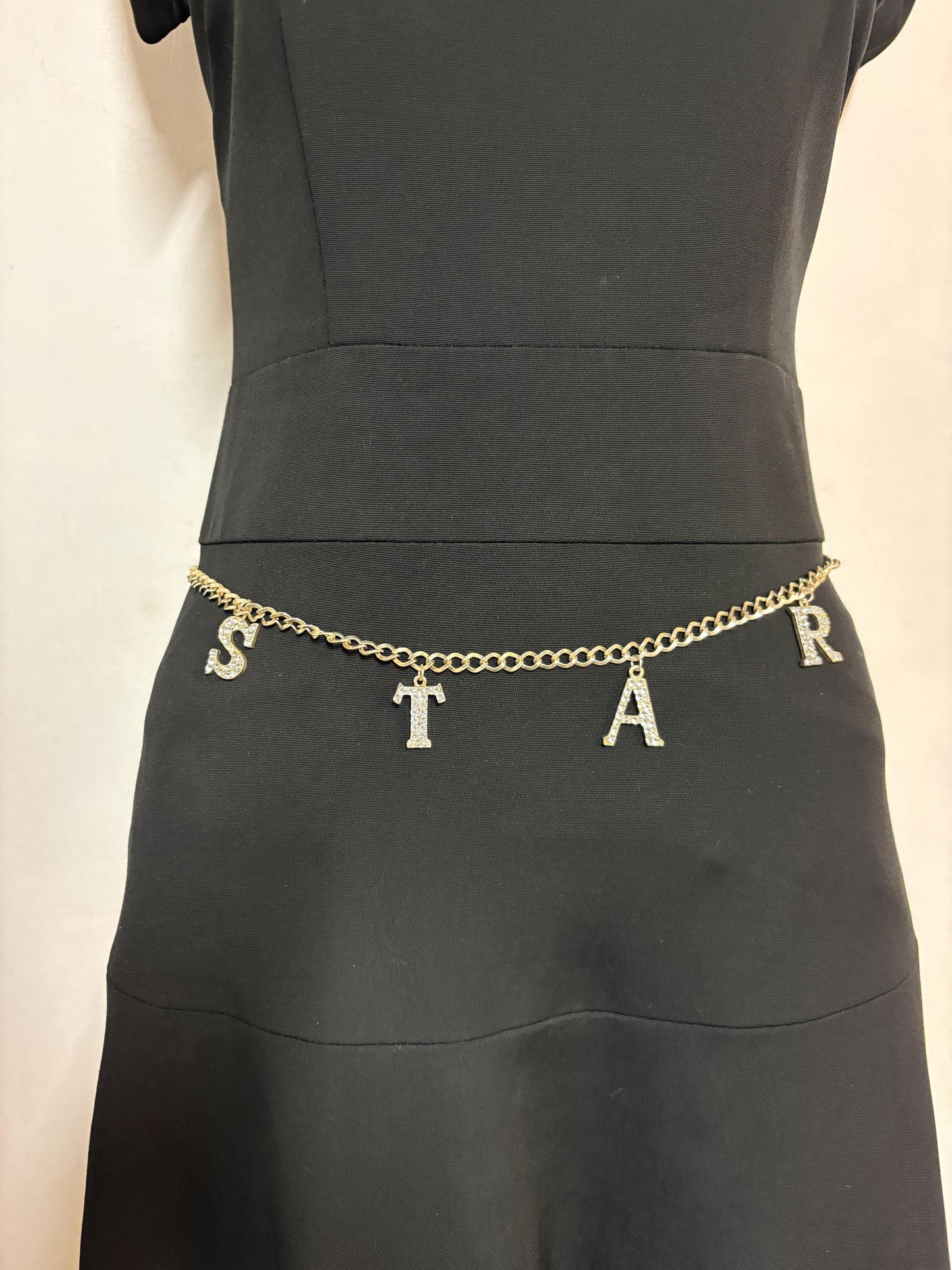 Y2K vintage womens slim chain belt with diamante STAR. Shiny chrome steel with  hanging diamante studded letters. Rhinestone. 2000s NOS