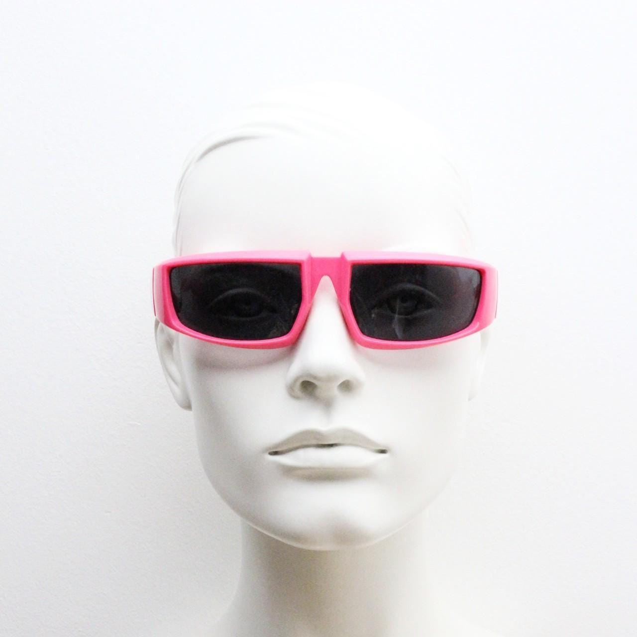 Y2k vintage 2 tone sunglasses. Shocking pink flat top shield style wrap around frame with black lenses. Fluorescent. Dayglo robot visor. NOS