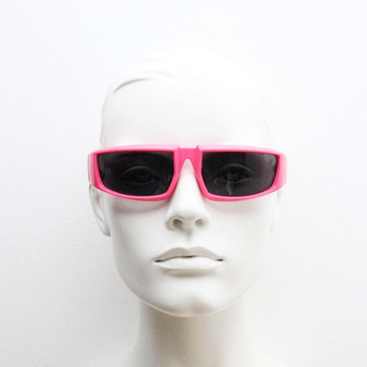Y2k vintage 2 tone sunglasses. Shocking pink flat top shield style wrap around frame with black lenses. Fluorescent. Dayglo robot visor. NOS