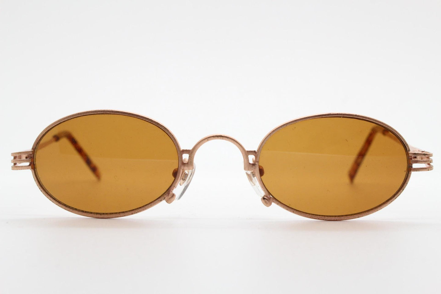 90s oval vintage metal sunglasses. Minimal small satin finish gold metal micro frame with brown lenses. Steampunk. Unused NOS
