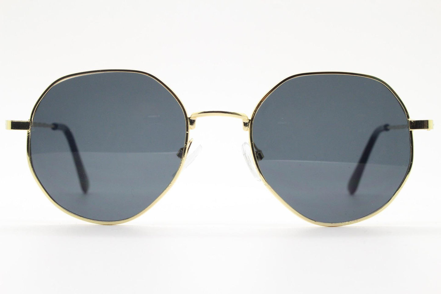 90s vintage modified aviator sunglasses, 6 sided soft angled metal frame in gold chrome with indented patterned arms. Unused NOS
