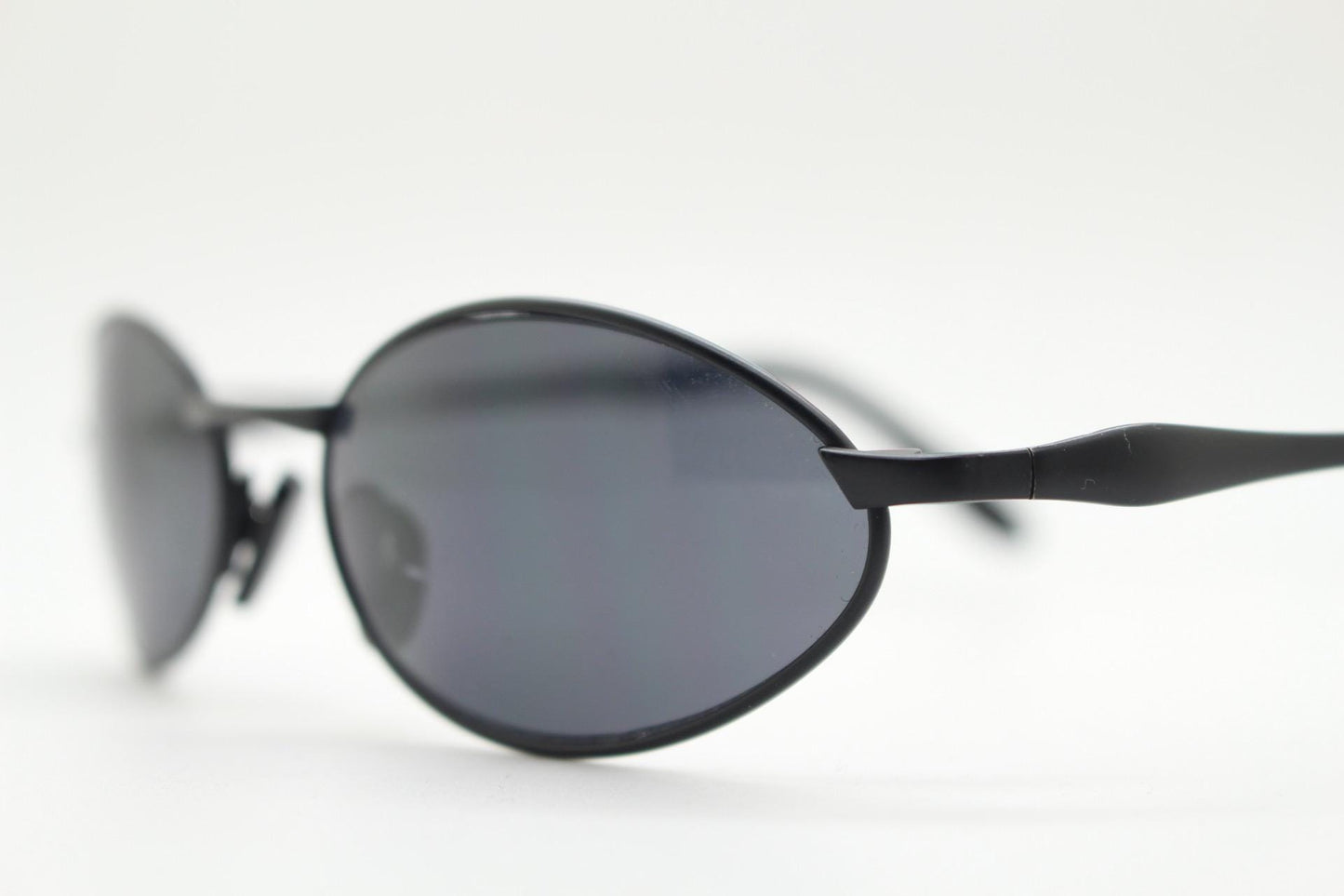 90s vintage small oval bug eye sunglasses. All black matt finish frame. Classic Matrix shape. Cosplay. Unworn NOS