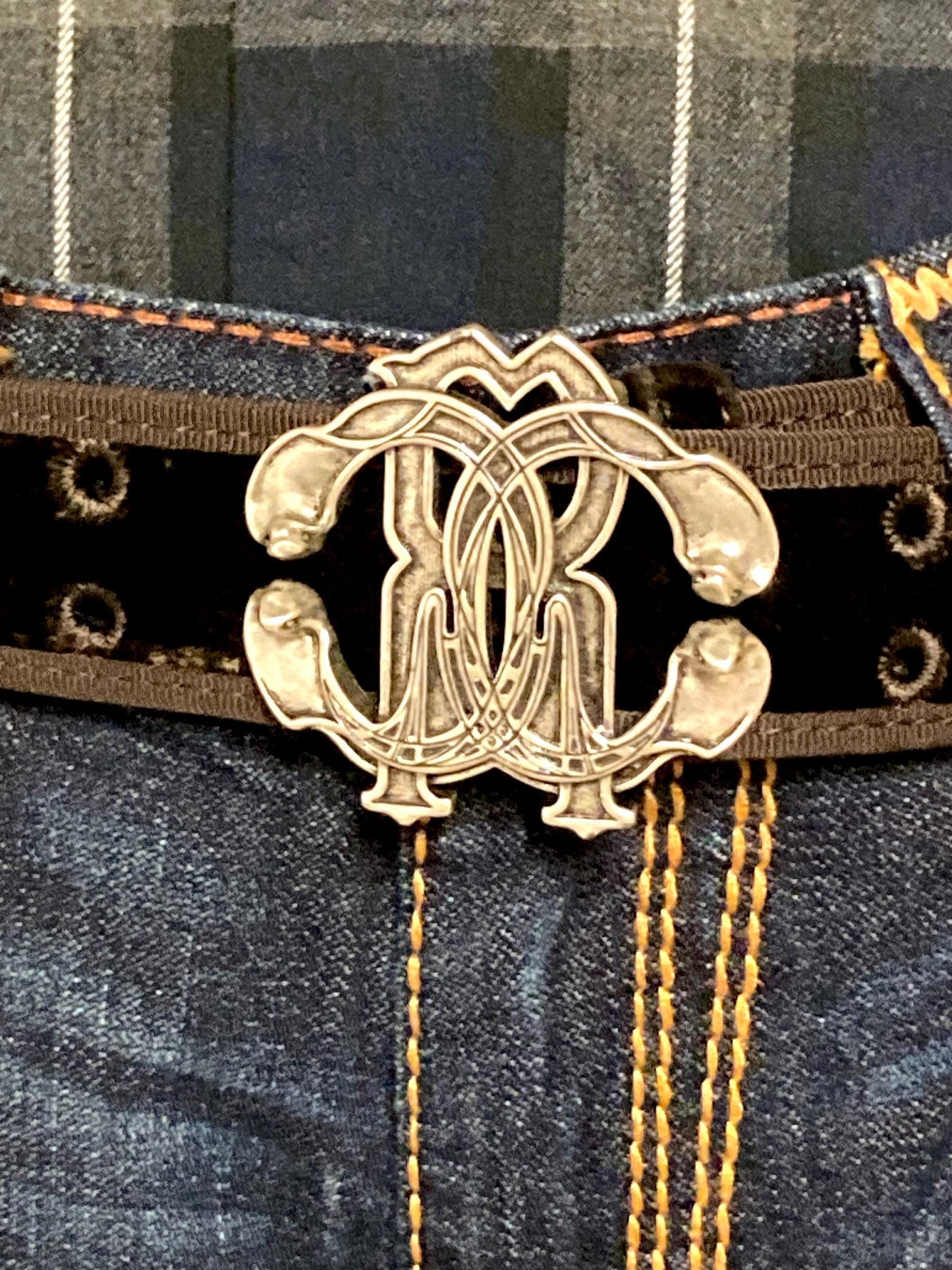 Roberto Cavalli Y2K vintage belt. Brown velvet with tape edge, Logo 'shield' buckle and leather back. Made in Italy. Mens NOS with dust bag