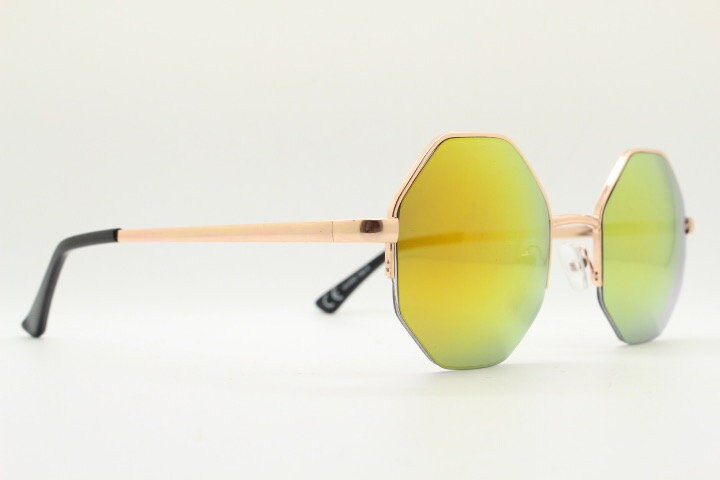 90s vintage octagon sunglasses. Blue 8 sided 60s design glasses with minimal half frame and gold arms. Hexagon. Unused NOS