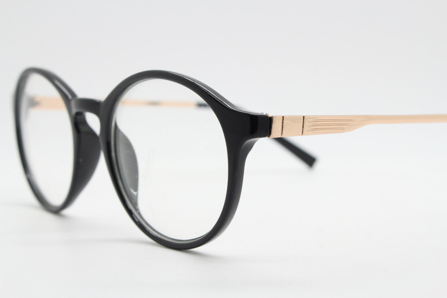 90s vintage round glasses. 30s, 20s style black optical frames with gold arms. Prescription eyeglasses with clear lenses. RX spectacles. NOS