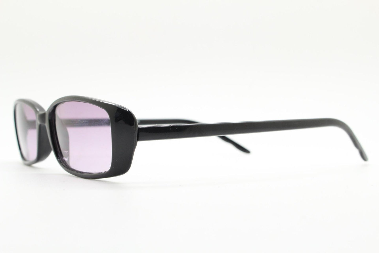 90s vintage rectangular sunglasses. Slim low profile black gloss frame with light tone  purple lenses. Y2K 2000s. BNWT Unused NOS