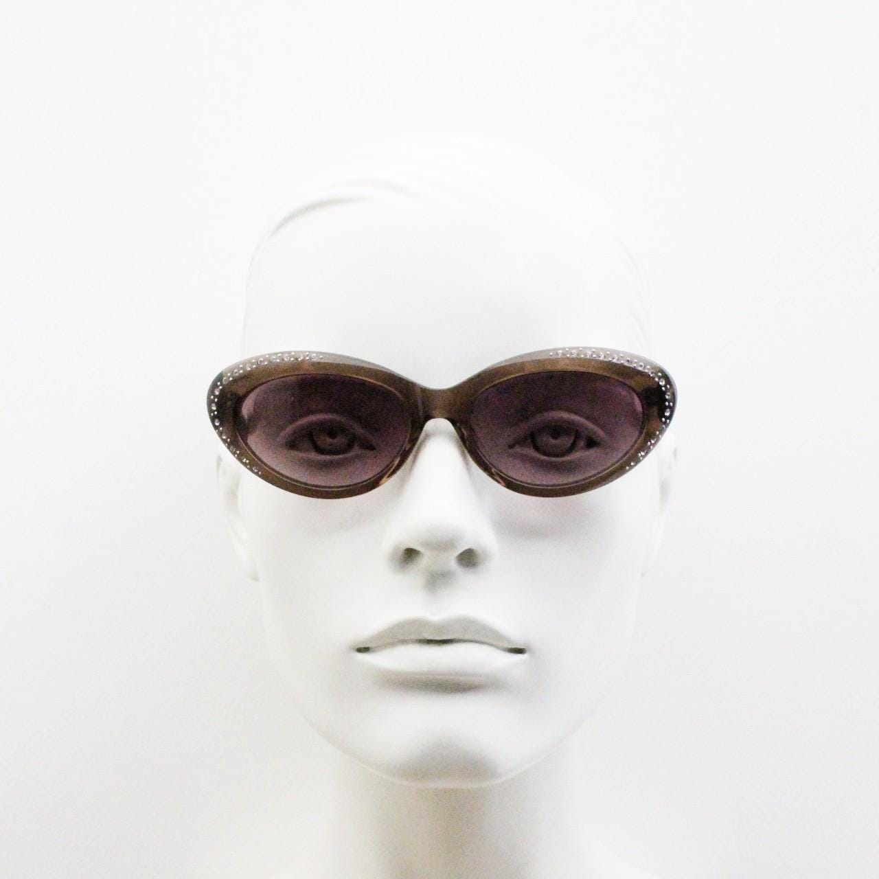 Agent Provocateur oval cateye sunglasses made in Japan by Linda Farrow. Womens transparent brown frame cat eye with diamante. NOS vintage