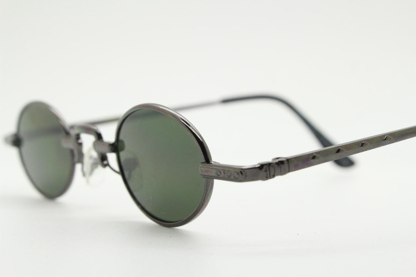 90s vintage small oval sunglasses. Imposing minimal grey metal victorian style frame with green lenses. Steampunk. Micro. Unused NOS