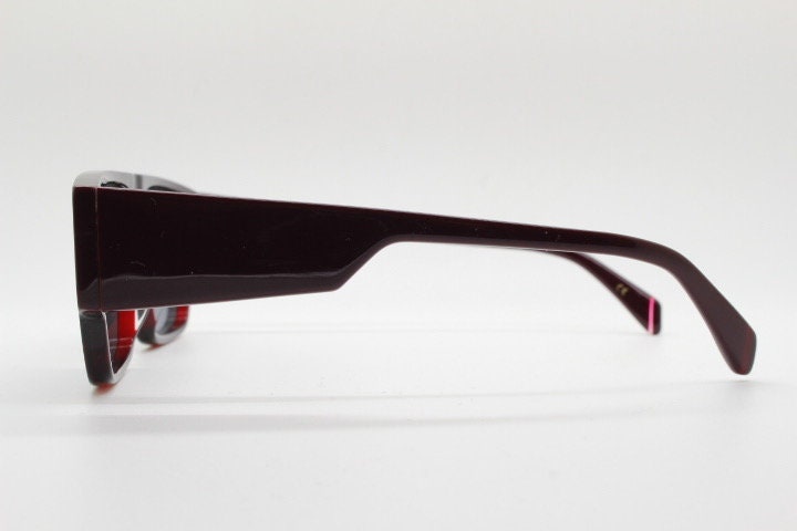 Kaleos square flat top sunglasses. Deep burgundy gloss acetate chunky frame with fat arms. New Old Stock