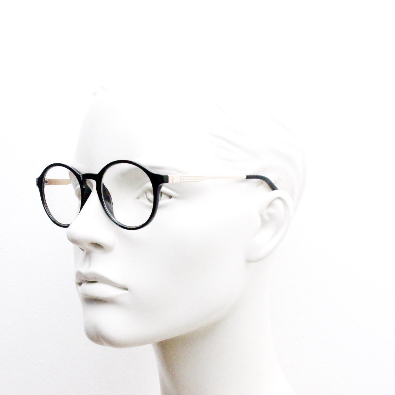 90s vintage round glasses. 30s, 20s style black optical frames with gold arms. Prescription eyeglasses with clear lenses. RX spectacles. NOS