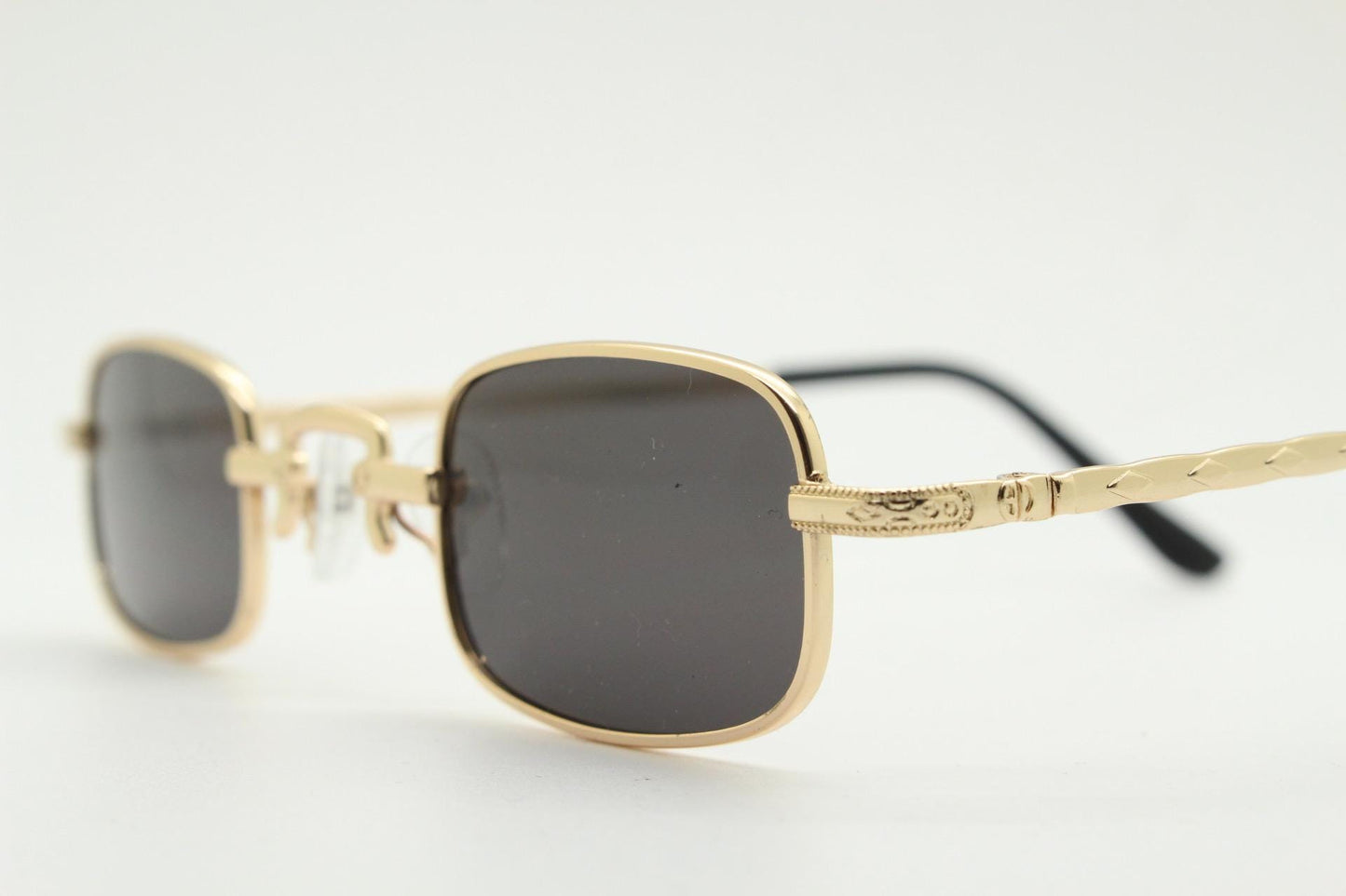 90s vintage small rectangular sunglasses. Imposing minimal gold metal victorian style frame with black lenses. Steampunk. Unused BNWT