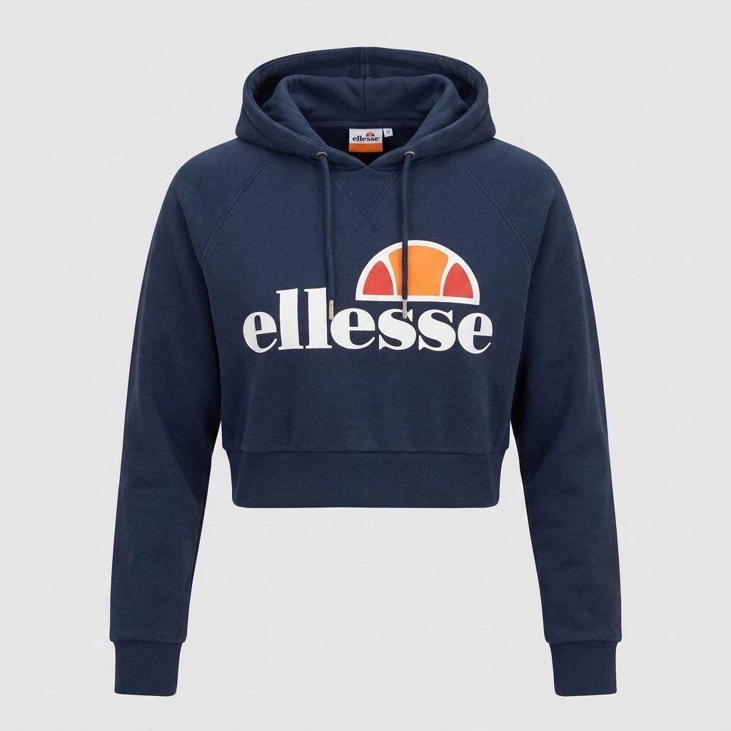 Ellesse cropped hoody top. Navy pullover with big spell out chest logo. Vintage. Y2K. Sweatshirt. Rave. UK size 8