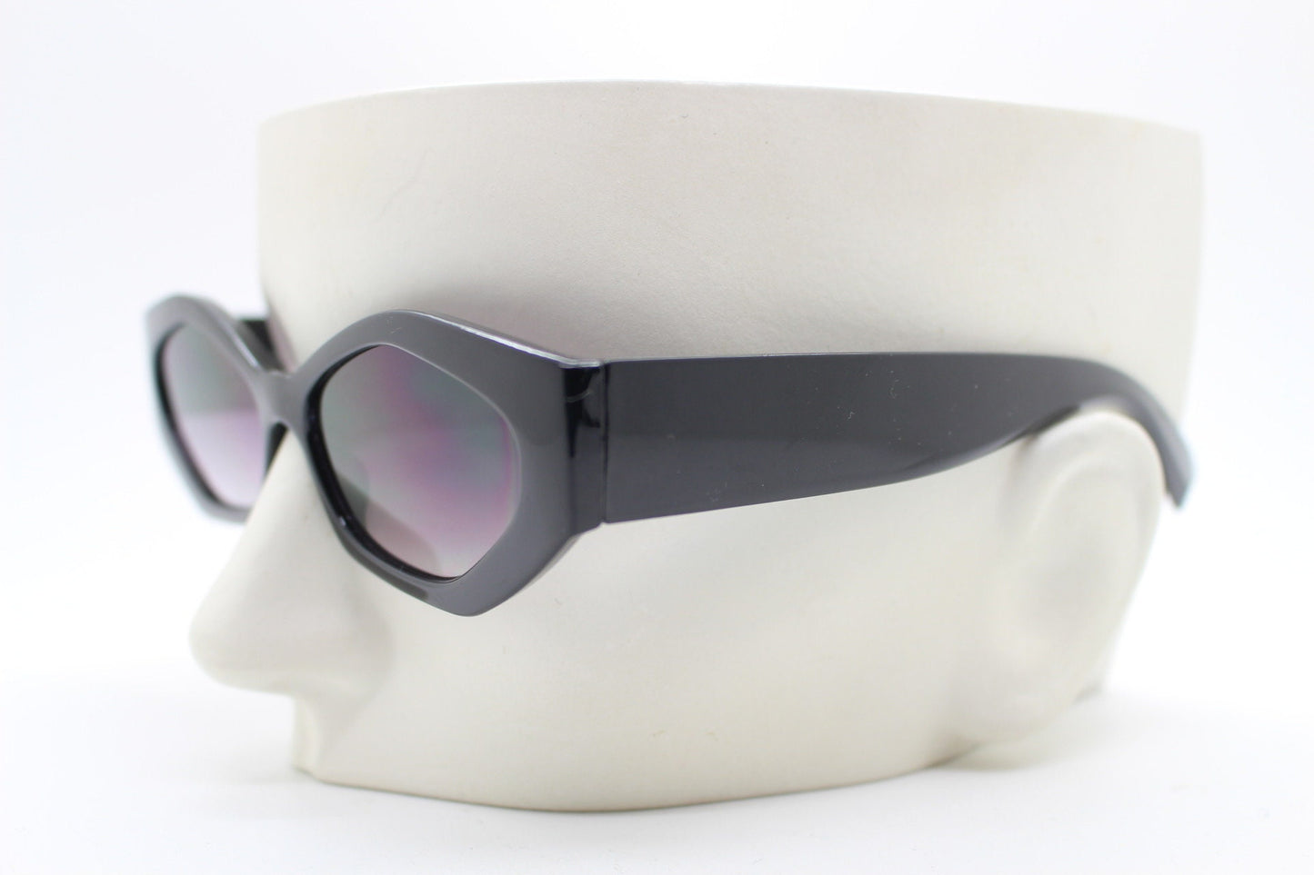 Vintage 90s low profile hexagon sunglasses. Jet black sharp angled 6 sided frame with full height arms and smoky lenses. Unused  BNWT