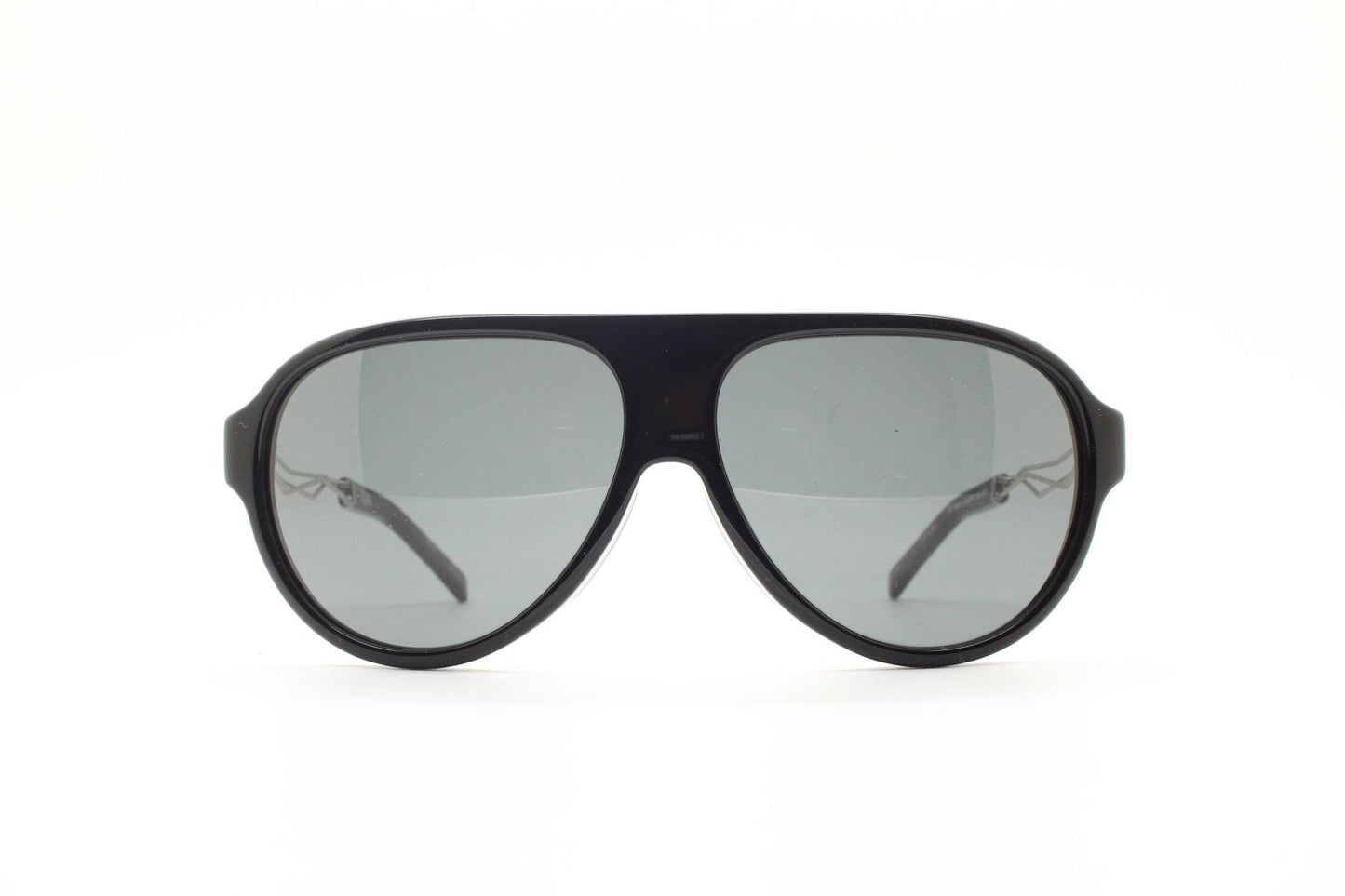 Prabal Gurung stylized aviator sunglasses made in Japan by Linda Farrow. Black frame with innovative abstract metal arm  Vintage Collab. NOS
