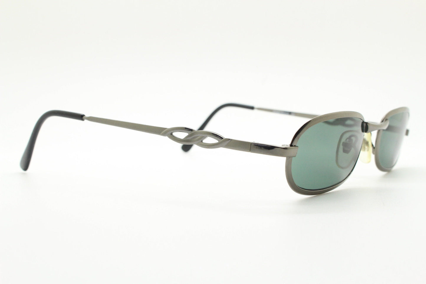 90s vintage oval solid metal sunglasses. Minimal gunmetal grey chrome frame with dark green lenses. Steampunk. Micro. Unused NOS
