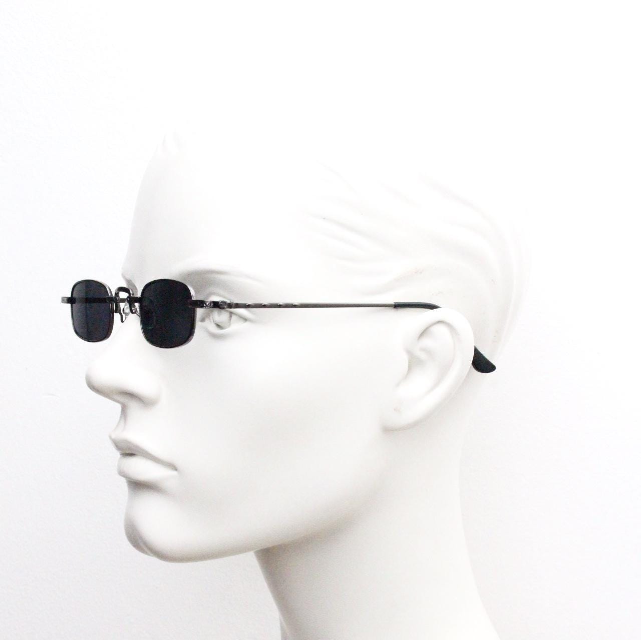90s vintage small rectangular sunglasses. Imposing minimal gunmetal grey victorian style frame with black lenses. Steampunk. Unused NOS
