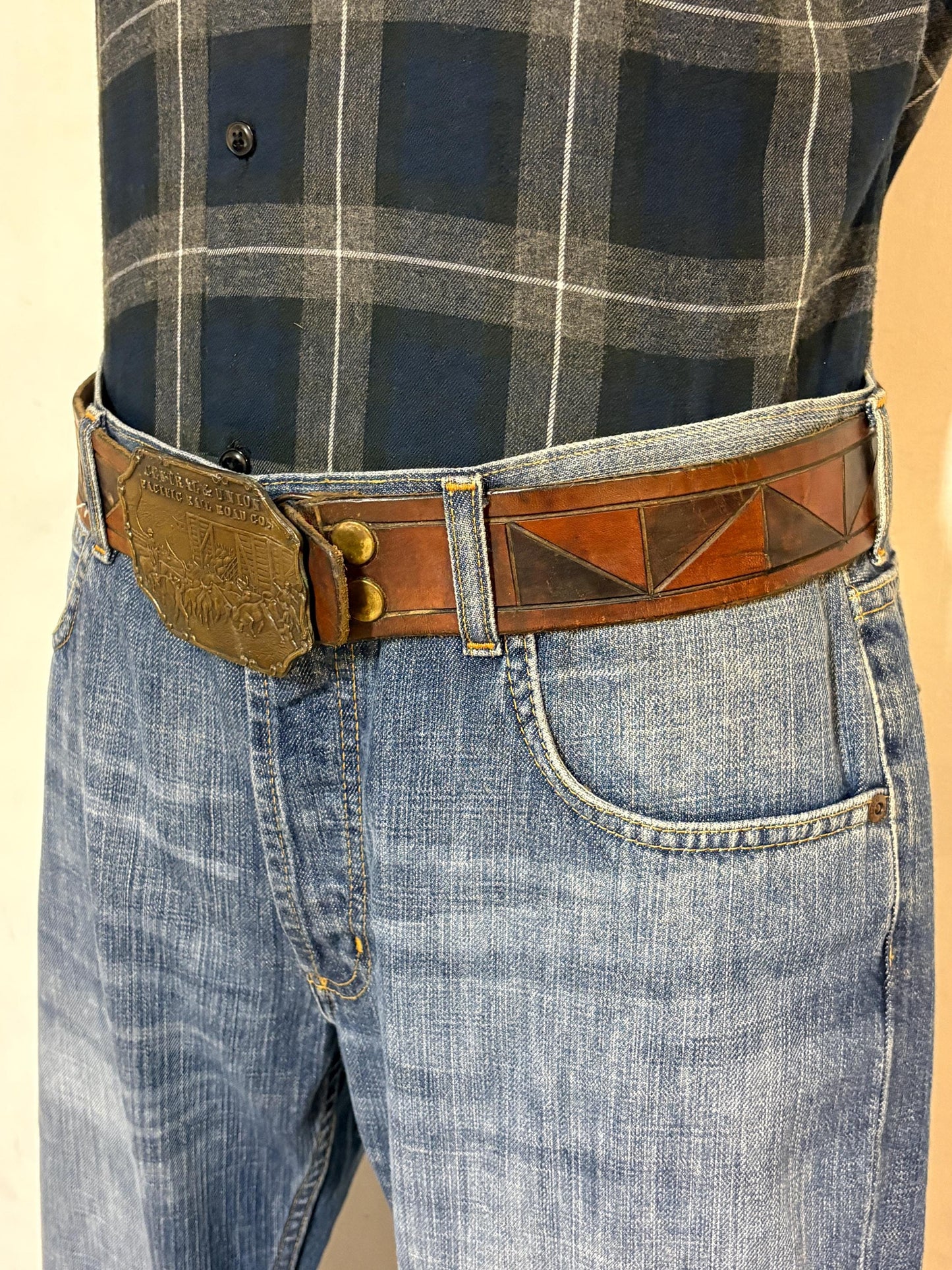 70s vintage brown triangles genuine leather western cowboy belt with big brass changeable buckle. Union Pacific Railroad. Thick cowhide.