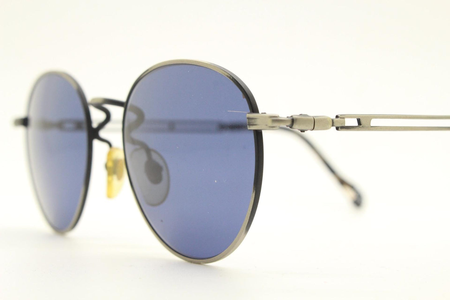 90s vintage metal oval sunglasses. Minimal brushed bronze finish brown frame with grey lenses and detailed arms. Steampunk. Panto. NOS