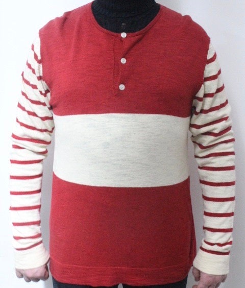 YMC vintage knit jumper in red and white stripes. Mens 3 button round neck sweater. BNWT. Designer pullover. One off NOS sample. Breton