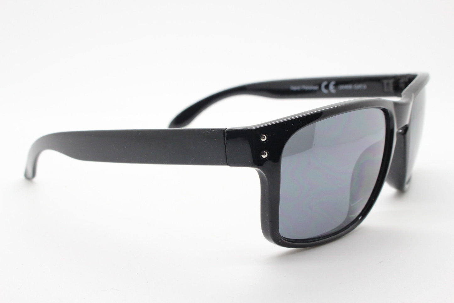 Y2K vintage rectangular sunglasses. Large curved mens black gloss frame with dark grey lenses. NOS