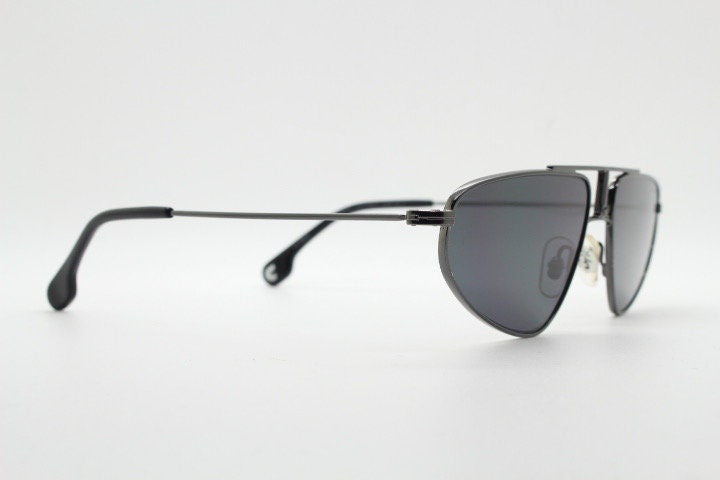 Carrera 90s vintage triangular aviator sunglasses model 1021/S. Gunmetal grey chrome flat top metal frame aviators with black lenses