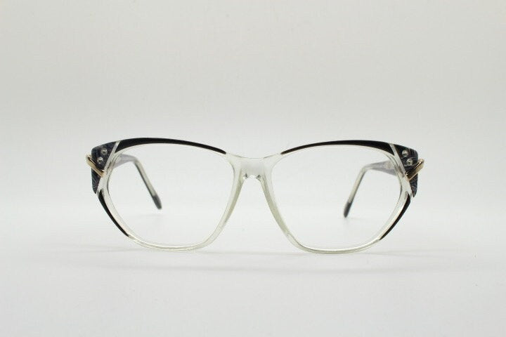 Jean Louis Scherrer 80s vintage cat eye glasses made in France. marbled grey / clear acetate optical frame. Diamante RX prescription cateye
