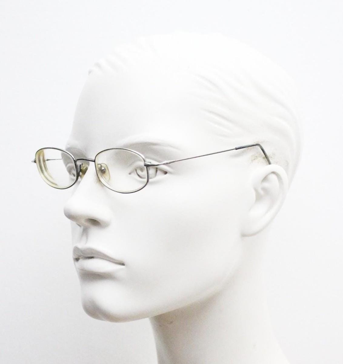 Giorgio Armani 90s vintage angular oval eye glasses made in Italy. Minimal grey chrome metal optical frame. Prescription RX spectacles