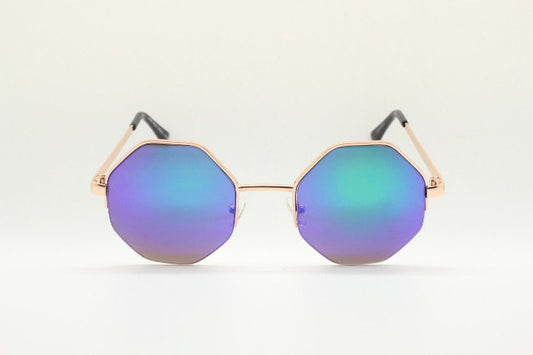 90s vintage octagon sunglasses. Petrol blue mirror 8 sided 60s design with minimal gold half frame. Hexagon. Unused NOS