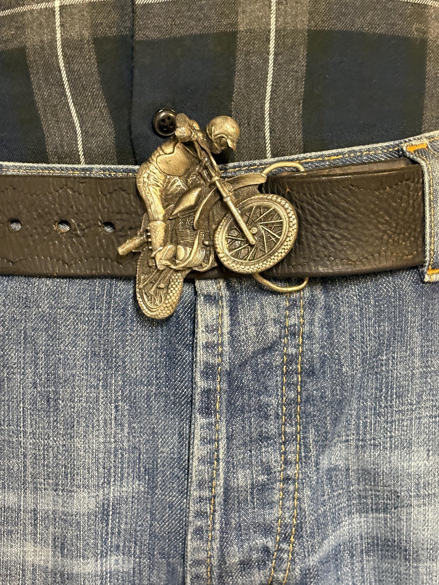 70s vintage Bergamot brass works 3D motorbike rider buckle on black genuine leather textured and embossed changeable belt. Moto X scrambler