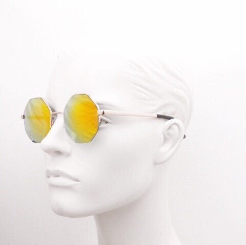 90s vintage octagon sunglasses. Blue 8 sided 60s design glasses with minimal half frame and gold arms. Hexagon. Unused NOS