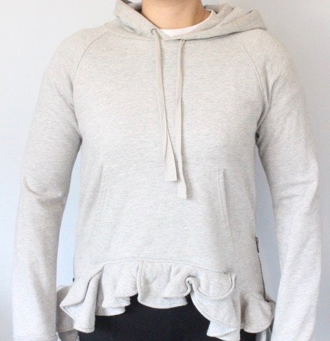 Valentino for Gap vintage Y2K pullover hoody. Grey cotton sweat top with cascading frilled edge and tail. 2000s designer collab