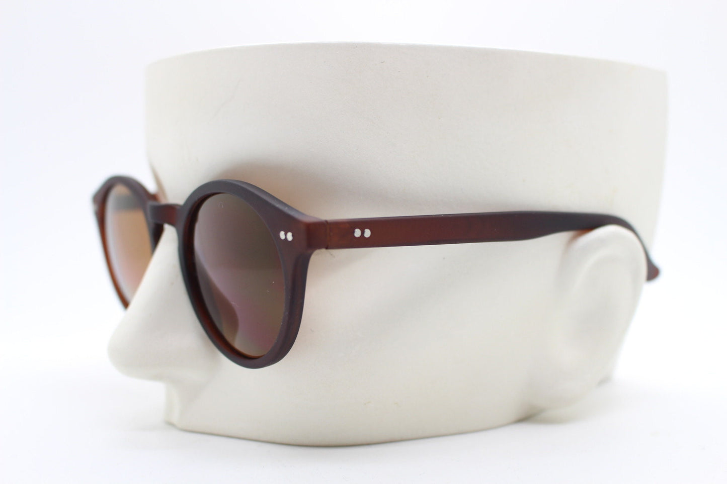 90s vintage small round sunglasses. 30s, 20s design brown frame in a rubber finish with matching warm brown lenses. BNWT