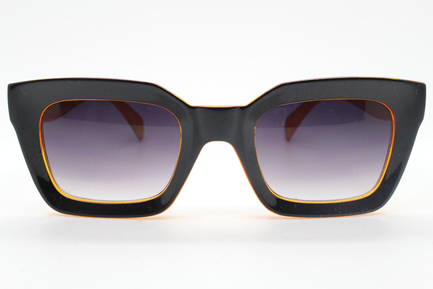 Y2K vintage rectangular cat eye sunglasses. Women's thick black and orange 60s style frame with graduating smoky lenses. 2000s BNWT