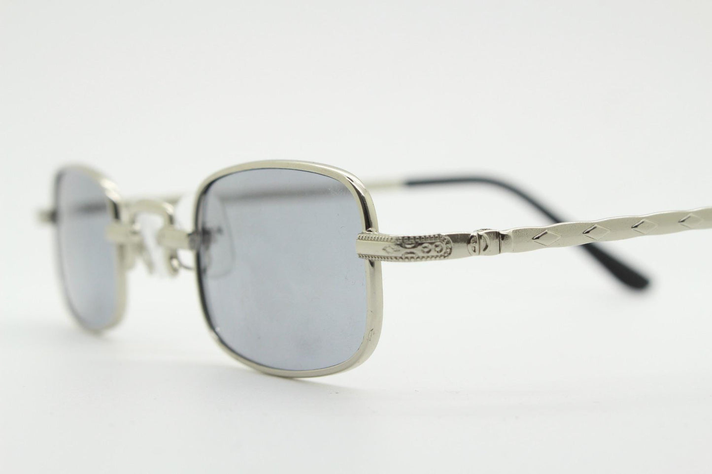 90s vintage small rectangular sunglasses. Imposing minimal silver victorian style frame with grey lenses. Steampunk. Unused NOS
