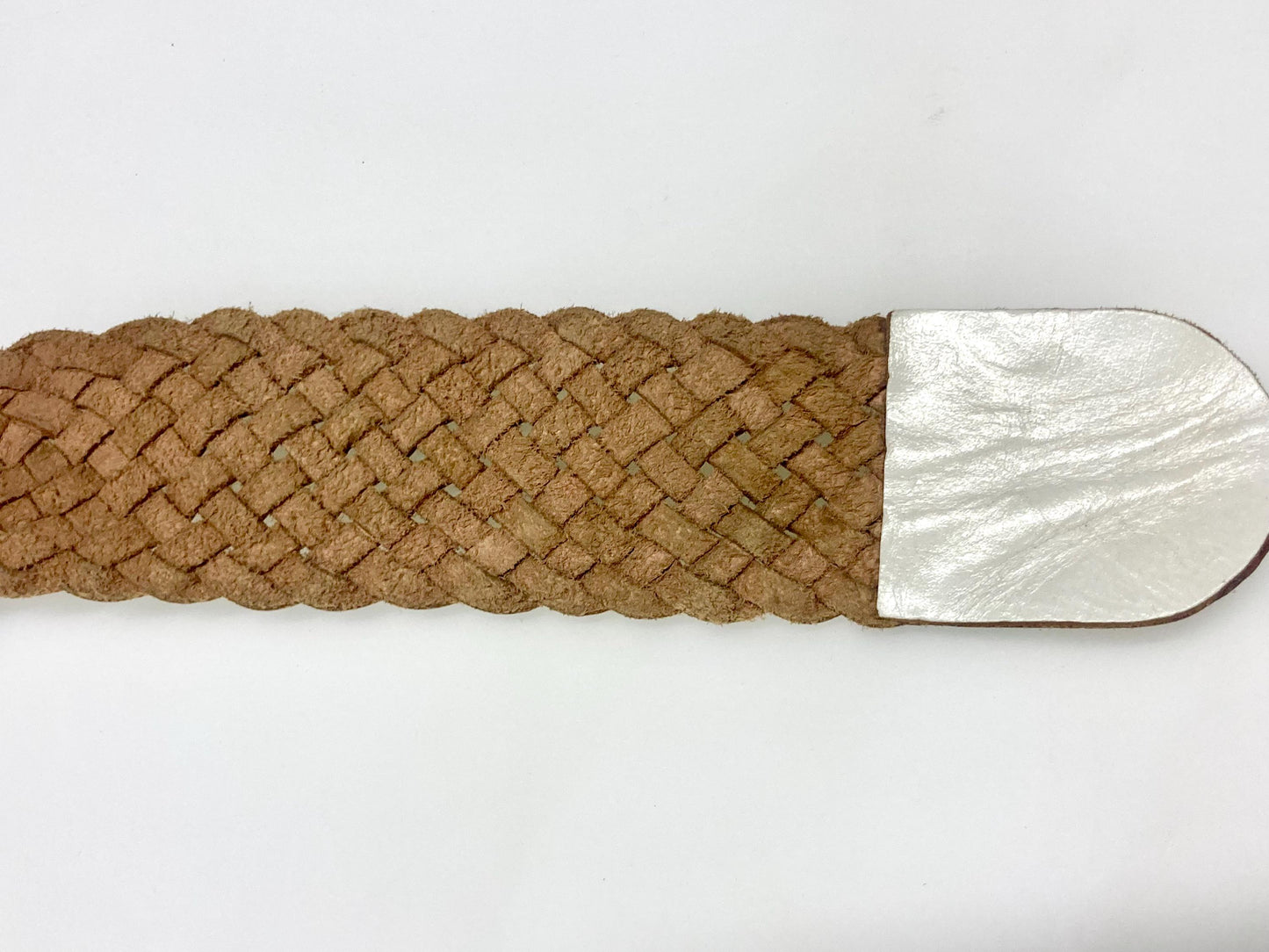 80s vintage womens white lattice dress belt with big flower 'shield' buckle. Genuine leather hand plaited design. Great condition NOS
