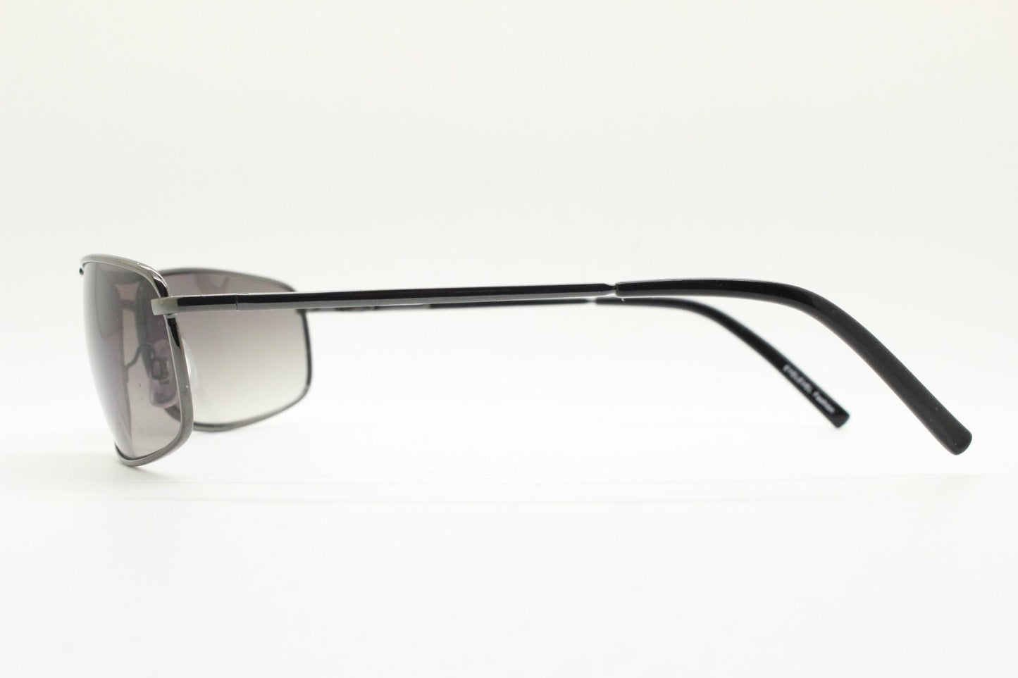 90s vintage rectangular wrap around sunglasses. Gunmetal chrome curved frame aviators with light tone gradient lenses. Unused NOS