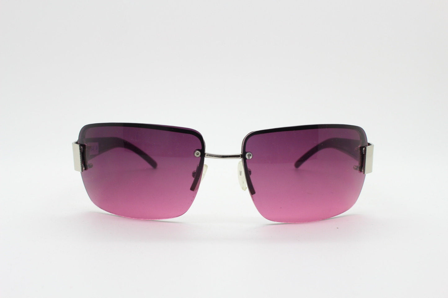 Y2K vintage big rectangle visor sunglasses. Half frame 2000's chrome trim wrap around with lethal purple curved lenses. 00's