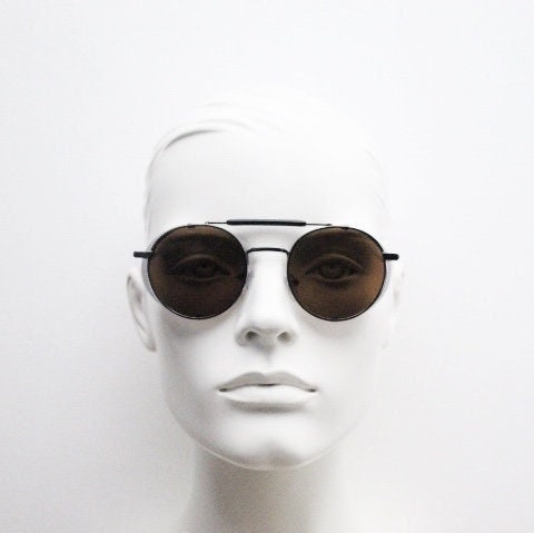 90s vintage round goggle sunglasses. All metal grey chrome frame with folding blinkers and brown lenses. Spoilers. Steampunk. NOS