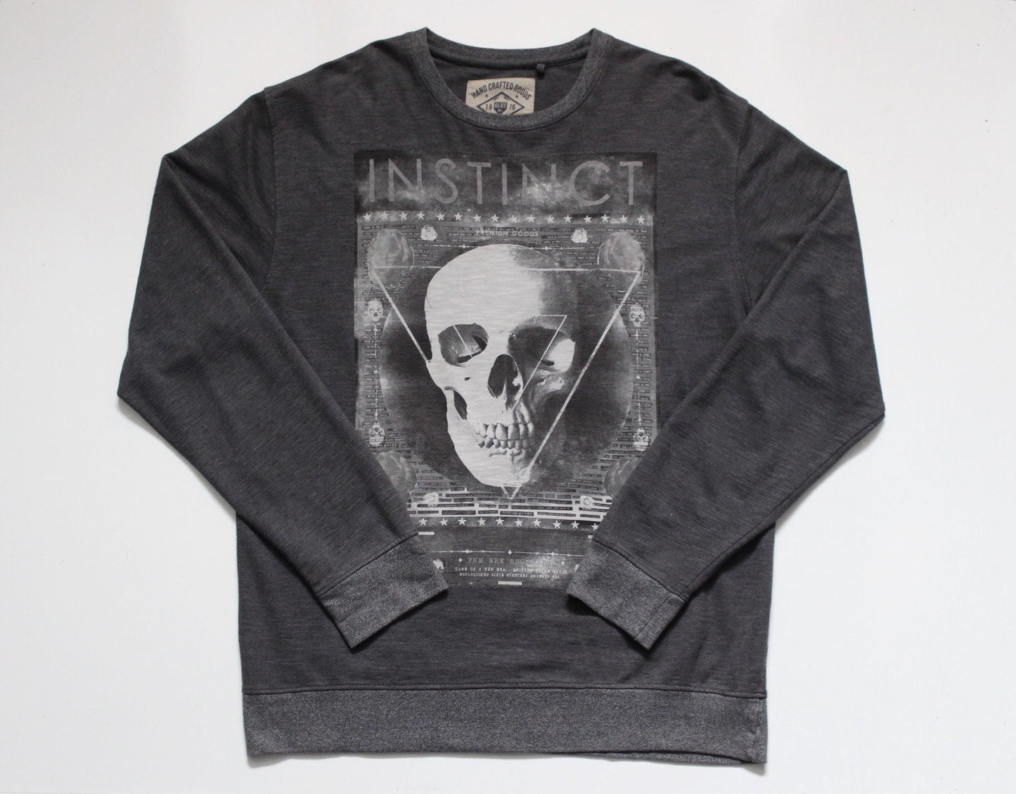 Vintage dark and light grey sweatshirt. Mens crew neck pullover with abstract skull print. Round neck jumper top