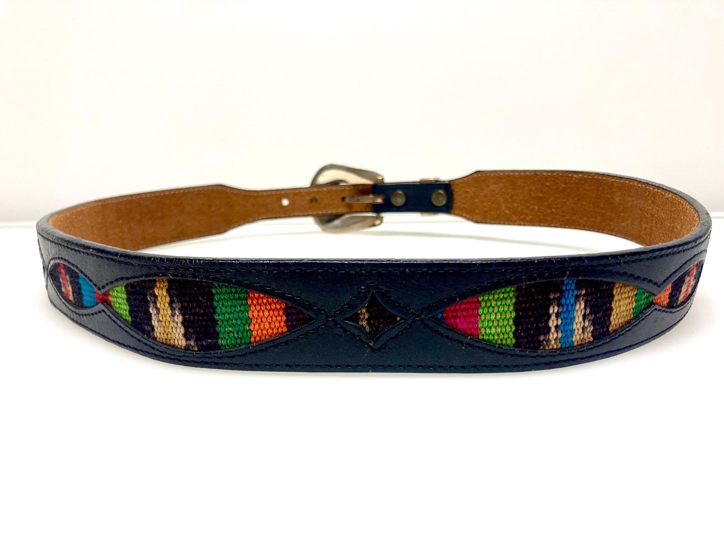 Leegin 80s vintage Silver Creek Collection Native American belt. Leather cutout overlay on tapestry backing. Changeable buckle. USA made NOS