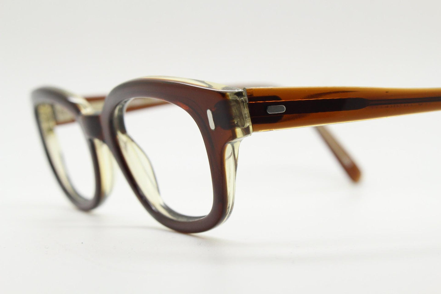 No Name eyewear rectangular low profile eye glasses. Quality brown gloss acetate optical frames. Prescription vintage RX spectacles