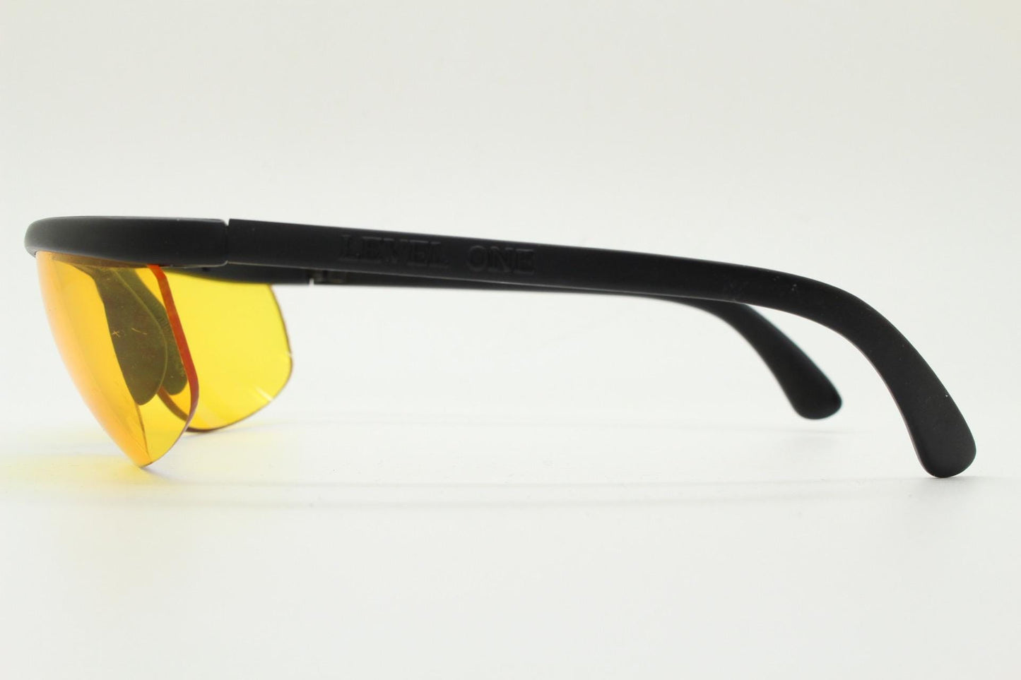 90s vintage half frame shield sunglasses. Thick matt black wrap around brow with intense orange bug eye lenses. Rave fashion grail. NOS