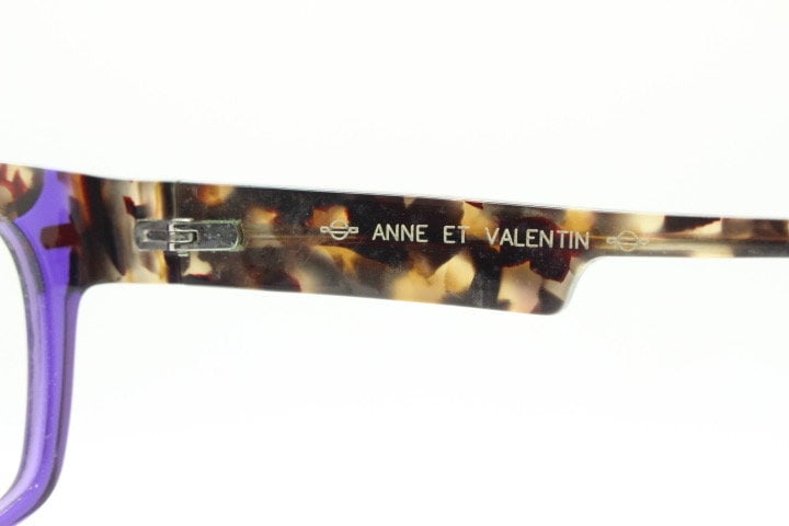 Anne et Valentin rectangular eye glasses made in France model 1330. Marbled tortoise acetate optical frame with purple tone. Prescription RX