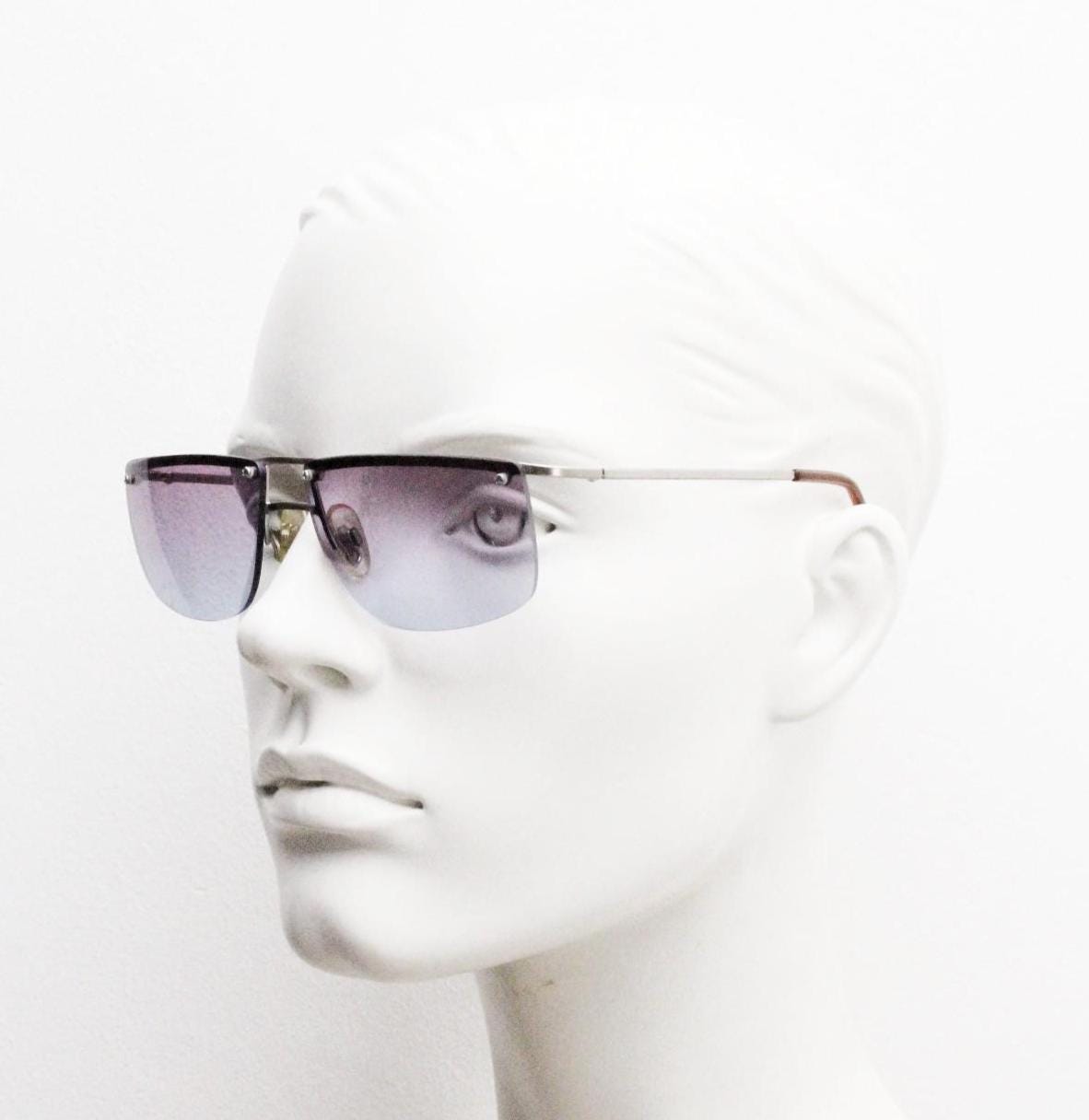 Y2K vintage purple shield sunglasses. 2000's satin finish metal half frame wraparound with sensational curving ombre lenses. 90s. 00s