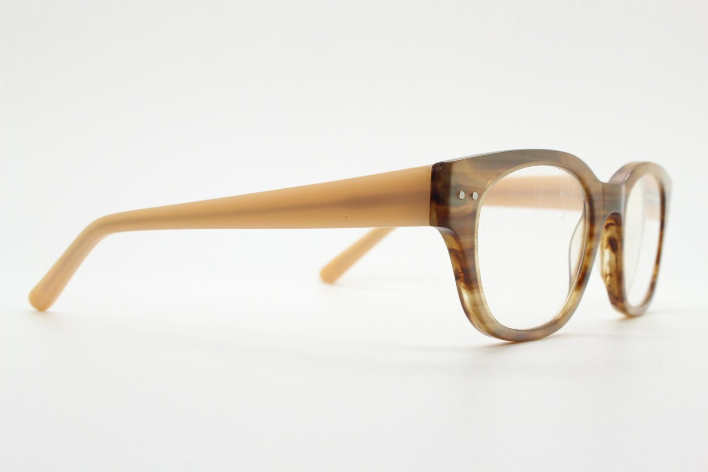 Thick frame rectangular eye glasses. Superior quality transparent brown gloss acetate optical frames with beige arms.  Prescription vintage