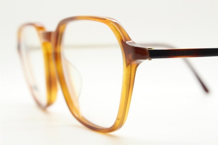 Missoni 90s vintage square hexagon eye glasses made in Italy. Transparent brown optical frames with enamel tiger arms. Prescription RX NOS