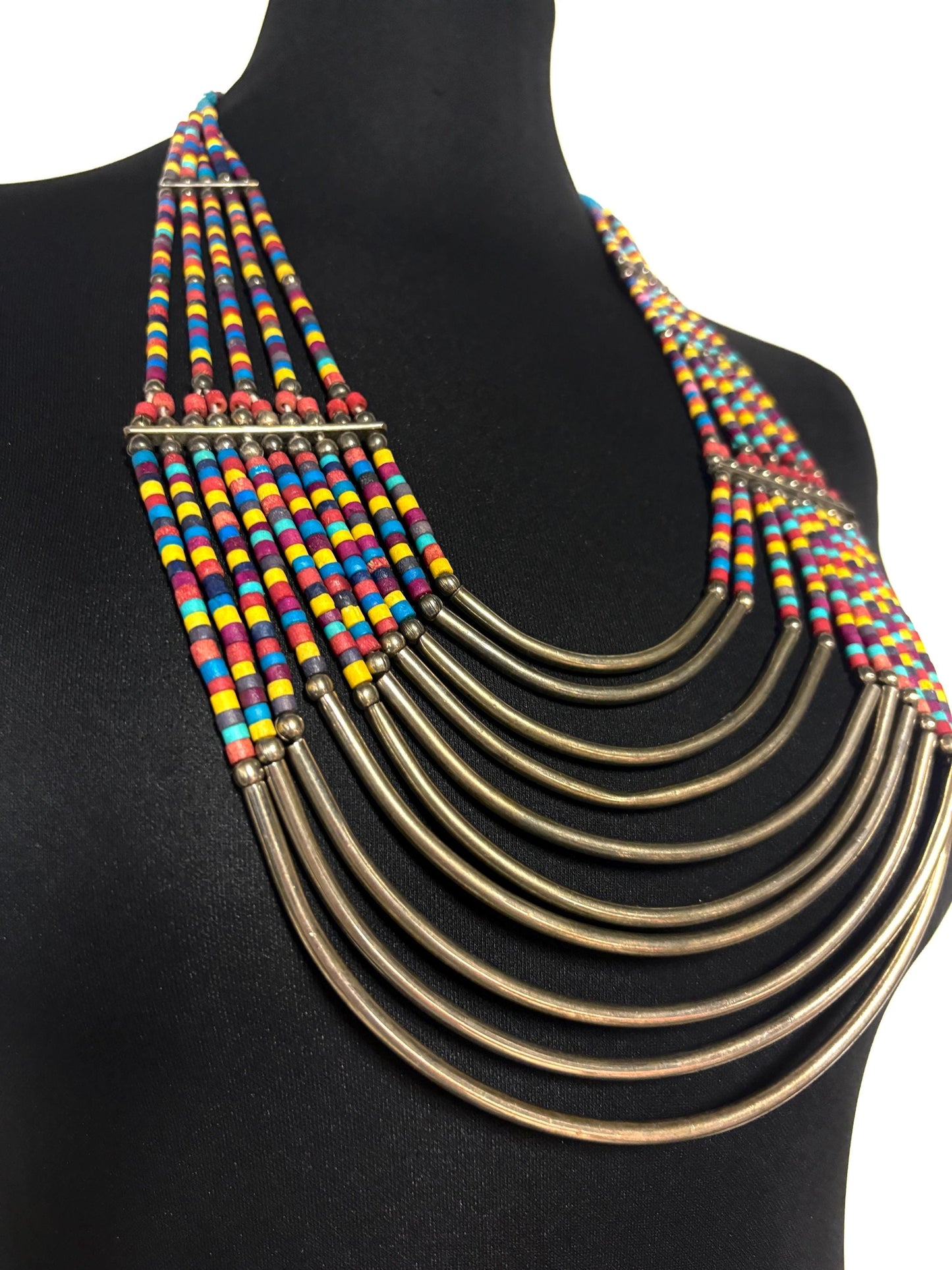 Y2K vintage massive statement Masai style beaded chain necklace. Multi coloured beads with concentric semi circle metal crescents. NOS
