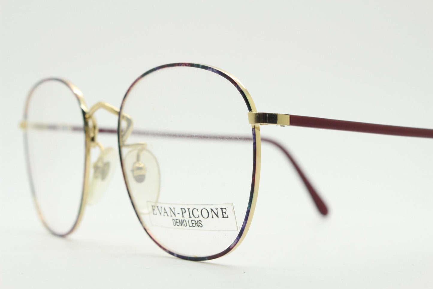 Evan Picone 80s vintage round panto metal eye glasses made in Italy. Minimal gold optical frame with red marbled pattern. Prescription. NOS
